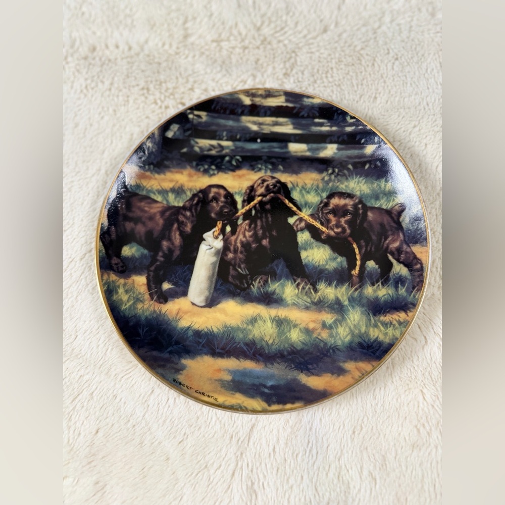 Artistic Ceramic Plate with Playful Puppies